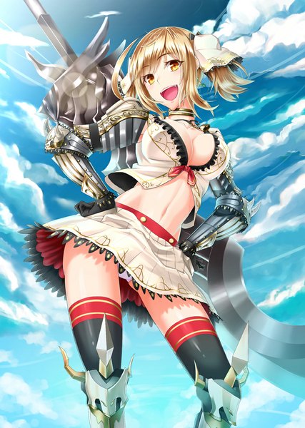 Anime picture 782x1100 with original yukikaze (siiver92zero) single tall image short hair breasts light erotic blonde hair large breasts standing yellow eyes sky cleavage cloud (clouds) bent knee (knees) midriff zettai ryouiki side ponytail hands on hips girl