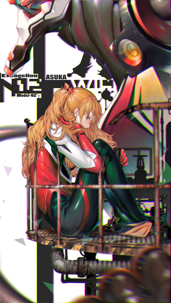 Anime picture 640x1136 with neon genesis evangelion gainax soryu asuka langley nizuma single long hair tall image looking at viewer fringe blue eyes sitting profile orange hair arm support text girl hair ornament bodysuit pilot suit mecha