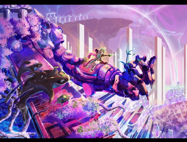 Anime picture 2700x2049 with original inz (pixiv) highres cherry blossoms city ruins girl plant (plants) animal tree (trees) water building (buildings) mecha whale turtle