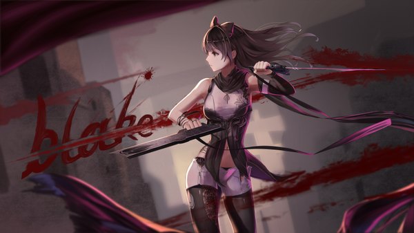 Anime-Bild 3200x1800 mit rwby rooster teeth blake belladonna red flowers single long hair fringe highres light erotic black hair wide image standing holding yellow eyes payot looking away outdoors profile wind blurry