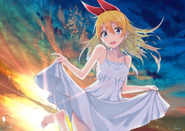 Anime picture 1754x1241 with nisekoi shaft (studio) kirisaki chitoge cac itinose single long hair looking at viewer fringe highres open mouth blue eyes blonde hair hair between eyes sky outdoors :d sleeveless evening sunset girl