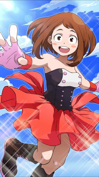 Anime picture 1080x1920 with boku no hero academia studio bones uraraka ochako single tall image looking at viewer fringe short hair open mouth smile brown hair bare shoulders brown eyes sky cloud (clouds) :d sunlight official art teeth sparkle