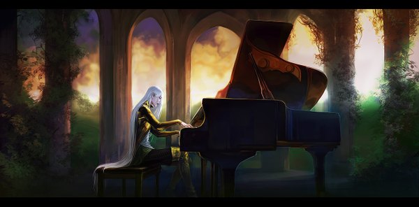 Anime picture 1300x642 with anndr (artist) long hair wide image sitting white hair very long hair playing instrument music plant (plants) musical instrument piano arch