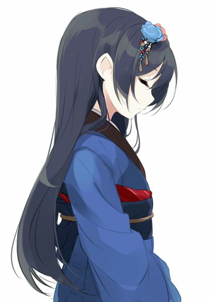 Anime picture 602x868 with love live! school idol project sunrise (studio) love live! sonoda umi totoki86 single long hair tall image black hair simple background white background eyes closed traditional clothes japanese clothes profile hair flower girl hair ornament flower (flowers) kimono