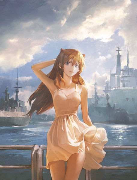 Anime picture 3038x3993 with neon genesis evangelion gainax soryu asuka langley leesuyeon single long hair tall image looking at viewer fringe highres blue eyes smile hair between eyes standing payot absurdres sky cloud (clouds) outdoors arm up
