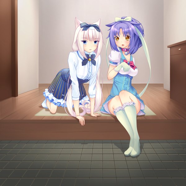 Anime picture 2500x2500 with neko paradise vanilla (nekopara) cinnamon (sayori) egen3xrevo long hair looking at viewer blush highres breasts open mouth blue eyes sitting multiple girls animal ears yellow eyes purple hair parted lips cat ears shadow short sleeves