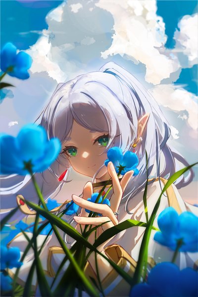 Anime picture 1080x1620 with sousou no frieren frieren liu liaoliao single long hair tall image looking at viewer twintails green eyes sky silver hair cloud (clouds) upper body outdoors pointy ears elf girl flower (flowers) earrings