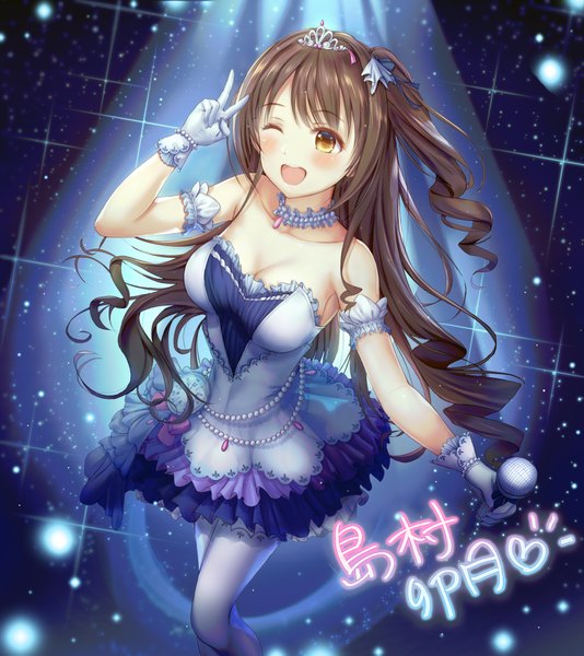 Anime picture 3599x4038 with idolmaster idolmaster cinderella girls shimamura uzuki bnari single long hair tall image looking at viewer blush fringe highres breasts open mouth smile brown hair large breasts standing bare shoulders holding brown eyes