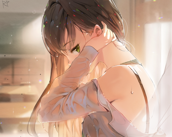 Anime picture 1500x1200 with idolmaster idolmaster cinderella girls shibuya rin repi987 single long hair looking at viewer fringe light erotic brown hair green eyes signed profile sunlight open shirt depth of field adjusting hair wet clothes covered mouth sunbeam