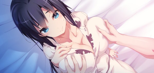 Anime picture 2250x1080 with brava! long hair highres breasts blue eyes light erotic black hair smile wide image large breasts game cg breast grab girl pajamas