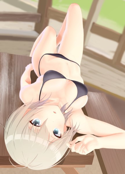 Anime picture 2500x3475 with idolmaster idolmaster cinderella girls anastasia (idolmaster) taka (takahirokun) single tall image looking at viewer blush highres short hair breasts blue eyes light erotic silver hair outdoors lying on back girl swimsuit bikini