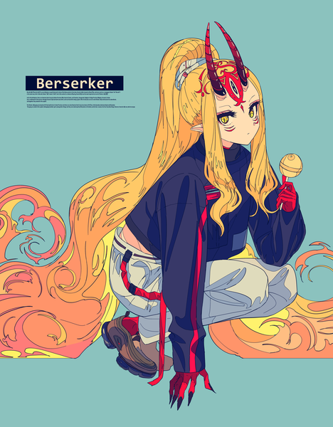 Anime picture 2835x3635 with fate (series) fate/grand order ibaraki douji (fate) kogecha (coge ch) single tall image looking at viewer highres simple background blonde hair yellow eyes payot full body ponytail very long hair horn (horns) pointy ears character names squat alternate hairstyle