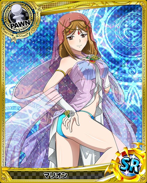 Anime picture 640x800 with highschool dxd marion (high school dxd) single long hair tall image looking at viewer blush light erotic brown hair brown eyes traditional clothes card (medium) girl swimsuit bikini transparent clothing arabian clothes