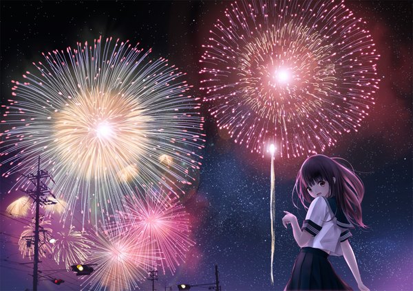 Anime picture 1654x1170 with original chikuwa (odennabe) single long hair looking at viewer open mouth black hair brown eyes looking back night fireworks girl uniform serafuku star (stars) traffic lights