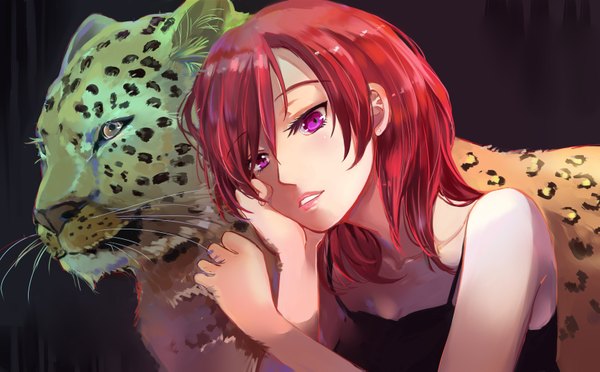 Anime picture 3425x2125 with love live! school idol project sunrise (studio) love live! nishikino maki jun-jun single looking at viewer fringe highres simple background wide image purple eyes absurdres red hair parted lips head tilt lips eyebrows girl animal