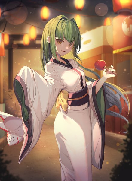 Anime picture 1000x1368 with original sugar (dndi888) single long hair tall image looking at viewer fringe breasts smile standing holding yellow eyes payot outdoors traditional clothes parted lips japanese clothes multicolored hair green hair wind