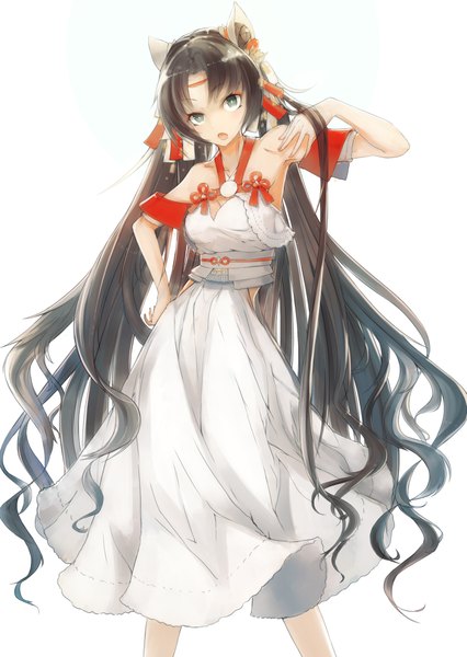 Anime picture 3045x4293 with original al-qalam single long hair tall image looking at viewer highres open mouth blue eyes black hair simple background white background absurdres girl dress hair ornament