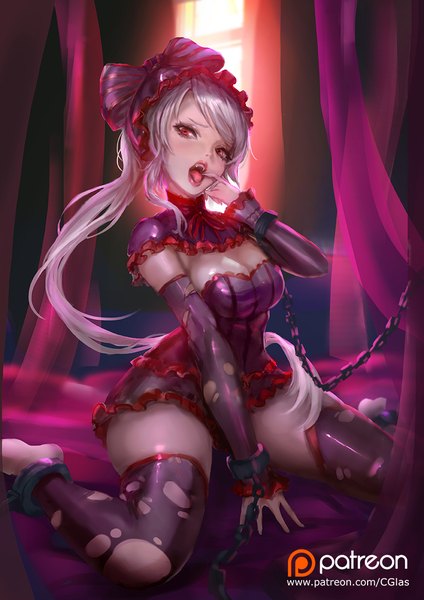 Anime picture 842x1191 with overlord (maruyama) madhouse shalltear bloodfallen cglas single long hair tall image looking at viewer fringe breasts open mouth light erotic red eyes sitting signed payot cleavage silver hair ponytail indoors