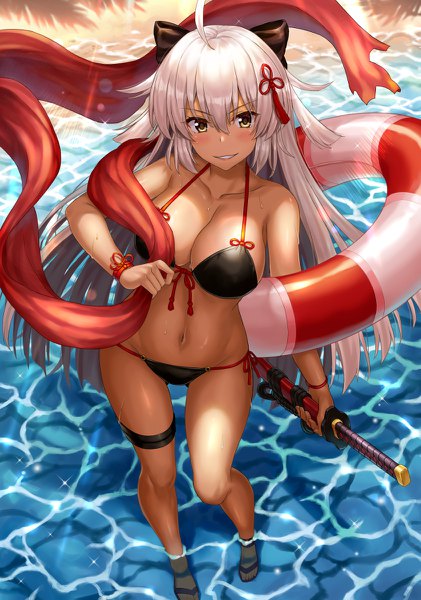 Anime picture 842x1200 with fate (series) fate/grand order okita souji (fate) (all) okita souji alter (fate) npcpepper single long hair tall image looking at viewer blush fringe breasts light erotic smile hair between eyes large breasts standing bare shoulders holding yellow eyes