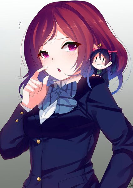 Anime picture 1414x2000 with love live! school idol project sunrise (studio) love live! nishikino maki yazawa nico junp tall image looking at viewer blush short hair open mouth black hair simple background sitting twintails multiple girls red hair long sleeves pink eyes grey background