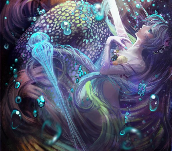 Anime picture 1000x878 with original gokokumai1001 single fringe bare shoulders very long hair nail polish grey hair sunlight bare belly looking up underwater girl hair ornament water bubble (bubbles) crystal starfish seashell jellyfish