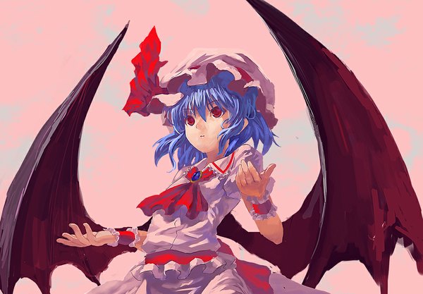 Anime picture 1000x696 with touhou remilia scarlet tomneko (superhornet) single short hair simple background red eyes blue hair pink background bat wings girl bonnet