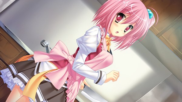 Anime picture 1280x720 with ima mo itsuka mo faluna luna akinomiya akane kamiya tomoe short hair open mouth red eyes wide image pink hair game cg looking back girl skirt uniform school uniform miniskirt apron