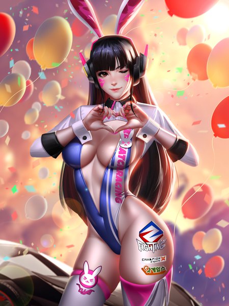 Anime picture 6000x8000 with overwatch blizzard entertainment d.va (overwatch) liang xing single long hair tall image looking at viewer fringe highres breasts light erotic black hair smile large breasts standing brown eyes animal ears absurdres sky