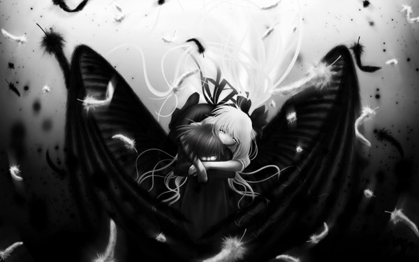 Anime picture 2560x1600 with air key (studio) kamio misuzu kunisaki yukito long hair highres short hair wide image white hair grey background couple hug monochrome black wings angel girl boy bow hair bow wings