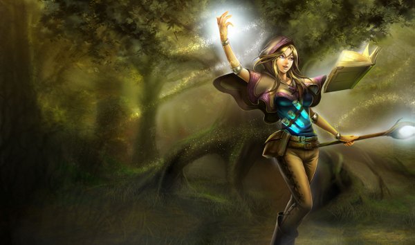 Anime picture 1215x717 with league of legends lux (league of legends) single long hair breasts blonde hair wide image large breasts purple eyes magic girl plant (plants) tree (trees) bracelet book (books) hood staff forest fanny pack