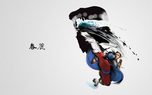 Anime picture 1920x1200 with street fighter capcom chun-li highres black hair simple background wide image white background wallpaper hieroglyph chinese clothes jumping warrior girl chinese dress
