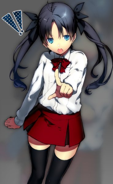 Anime picture 1000x1630 with fate (series) fate/stay night studio deen type-moon toosaka rin shirotaka (5choume) single long hair tall image looking at viewer open mouth black hair standing twintails girl thighhighs skirt uniform black thighhighs school uniform