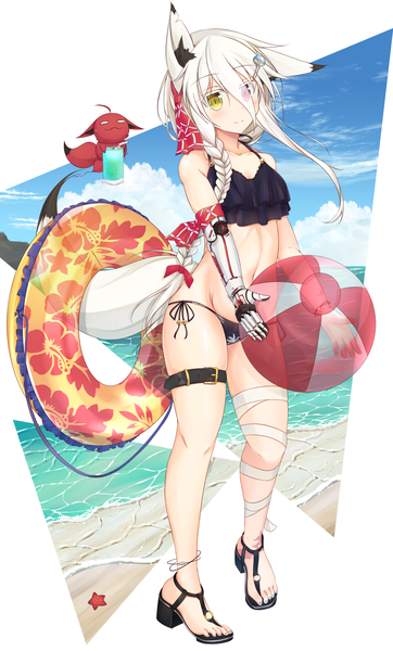 Anime picture 1652x2737 with original moai21 single long hair tall image fringe light erotic red eyes standing white background holding animal ears yellow eyes sky cloud (clouds) full body white hair tail braid (braids) animal tail