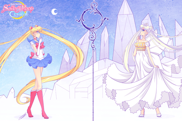 Anime picture 1000x667 with bishoujo senshi sailor moon toei animation tsukino usagi sailor moon neo queen serenity thanatosrising blue eyes blonde hair standing twintails multiple girls very long hair profile pleated skirt night hair bun (hair buns) night sky finger to mouth crescent dual persona