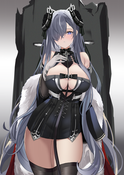 Anime picture 2894x4093 with azur lane august von parseval (azur lane) tnr (horiko1525) single long hair tall image looking at viewer blush fringe highres breasts light erotic large breasts purple eyes bare shoulders payot cleavage purple hair parted lips multicolored hair