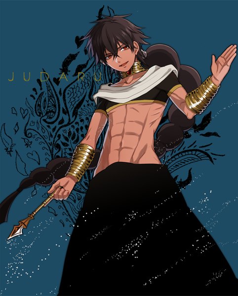 Anime picture 711x885 with magi the labyrinth of magic a-1 pictures judal oselo721 single tall image black hair red eyes looking away braid (braids) very long hair traditional clothes parted lips bare belly from below character names single braid blue background muscle boy