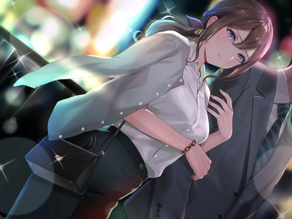Anime-Bild 2240x1680 mit original sakamuke long hair fringe highres hair between eyes brown hair purple eyes payot sparkle dutch angle couple low ponytail head out of frame walking clothes on shoulders office lady locked arms girl boy