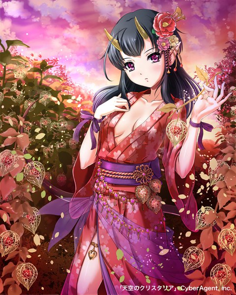 Anime picture 800x1000 with tenkuu no crystalia sakiyamama single long hair tall image looking at viewer blush fringe breasts light erotic black hair standing holding sky cloud (clouds) ahoge outdoors tail traditional clothes japanese clothes