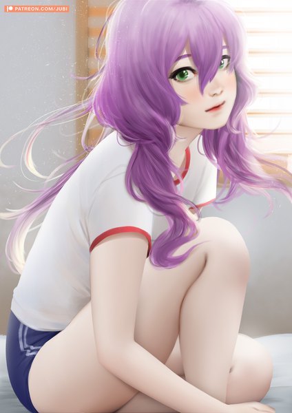 Anime picture 2480x3508 with original isabelle (acerailgun) jubi (regiana) single long hair tall image looking at viewer fringe highres hair between eyes sitting green eyes signed purple hair short sleeves lipstick red lipstick borrowed character girl uniform