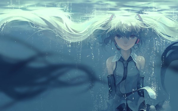 Anime picture 1400x877 with vocaloid hatsune miku hanyijie single looking at viewer smile twintails very long hair aqua eyes aqua hair underwater girl skirt detached sleeves miniskirt water headphones vest microphone