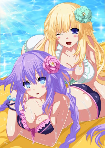 Anime picture 2850x4000 with choujigen game neptune neptune (choujigen game neptune) purple heart vert planeptune long hair tall image looking at viewer blush highres breasts open mouth blue eyes light erotic blonde hair smile large breasts purple eyes multiple girls purple hair