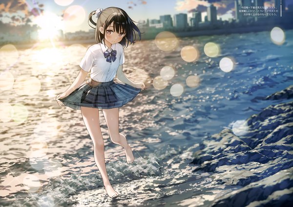 Anime picture 4983x3532 with original shizuku (kantoku) kantoku single looking at viewer blush fringe highres short hair black hair smile standing payot absurdres sky cloud (clouds) full body outdoors parted lips pleated skirt