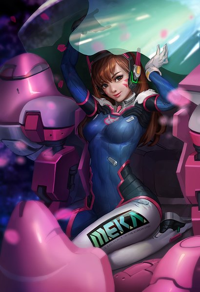 Anime picture 600x877 with overwatch blizzard entertainment d.va (overwatch) meka (overwatch) lucidsky single long hair tall image looking at viewer fringe breasts open mouth simple background smile hair between eyes brown hair white background sitting brown eyes bent knee (knees)
