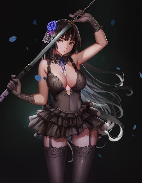 Anime picture 900x1157 with original emp single tall image looking at viewer breasts light erotic black hair brown eyes very long hair hair flower dark background revision girl thighhighs dress gloves hair ornament flower (flowers) weapon