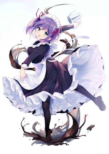 Anime picture 1447x2047 with original shiika yuno single tall image looking at viewer fringe short hair open mouth simple background smile standing white background green eyes purple hair long sleeves maid turning head standing on one leg dancing spill
