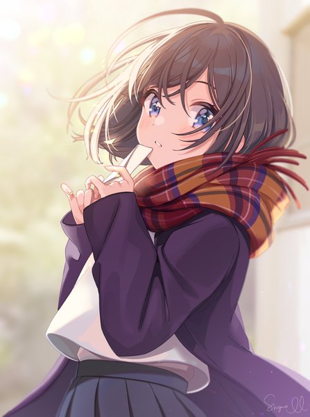 Anime picture 1490x2000 with original shigure ui single tall image looking at viewer blush short hair blue eyes brown hair signed upper body outdoors girl scarf plaid scarf envelope