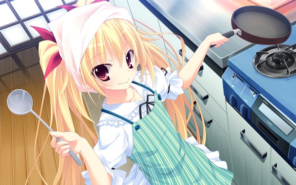 Anime picture 1280x800 with zutto tsukushite ageru no! kousaka otohime long hair blonde hair smile red eyes wide image twintails game cg from above loli reflection floor cooking girl apron kitchen ladle frying pan stove