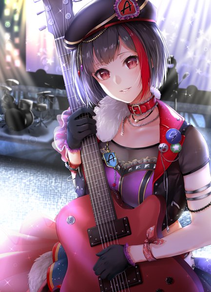 Anime picture 2044x2833 with bang dream! mitake ran khanka shui single tall image looking at viewer blush fringe highres short hair breasts black hair red eyes standing indoors parted lips head tilt multicolored hair light smile blurry