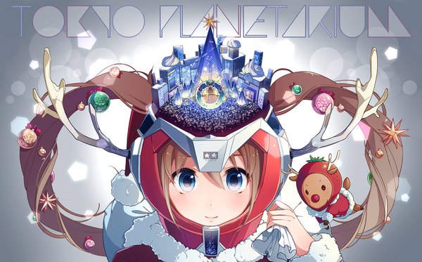 Anime picture 2000x1244 with vocaloid hatsune miku nou single long hair looking at viewer highres blue eyes smile brown hair wide image twintails animal ears horn (horns) christmas antlers girl hat animal bell