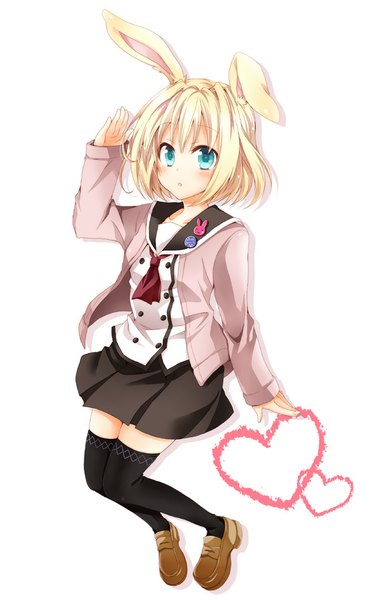 Anime picture 650x1017 with original kubyou azami single tall image blush short hair blue eyes simple background blonde hair white background animal ears bunny ears zettai ryouiki girl thighhighs skirt black thighhighs